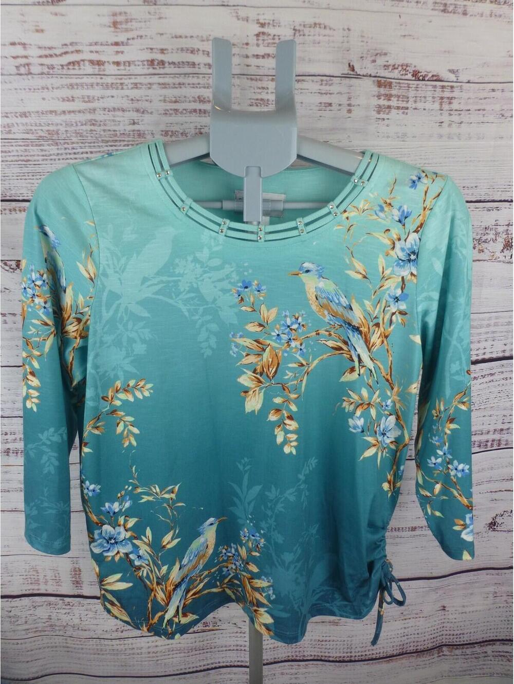 Alfred Dunner Petite PS Teal Bird Floral Print Top Blouse 3/4 Sleeve Studs G3A